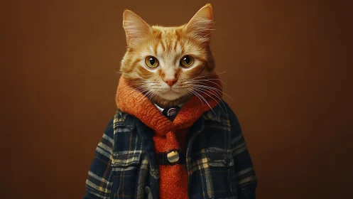 Ginger Cat Wearing Plaid Jacket and Orange Scarf.