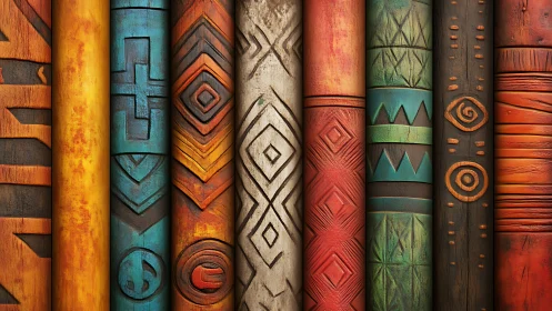 Tribal carved columns display bold geometric pattern rhythm.