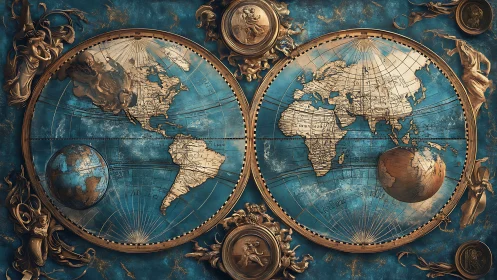 Celestial cartographer spins twin worlds in gilded orbit