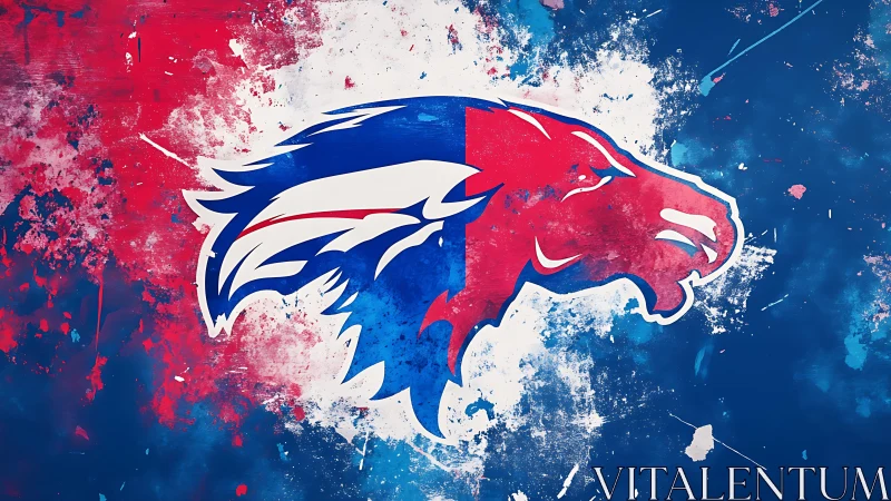 Split-color roaring beast emblem in red, white, and blue paint storm.