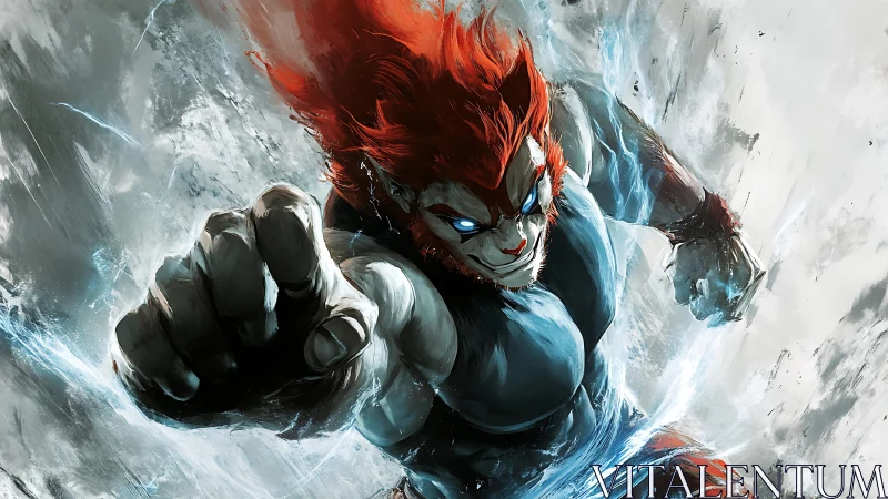 Fierce red‑haired warrior explodes forward in icy energy.