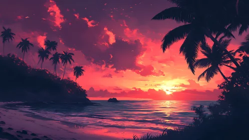 Digital coastal sunset scene shows silhouetted palm trees