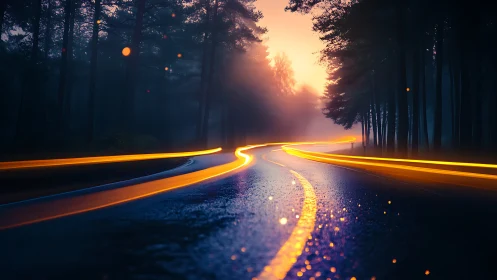 Long Exposure Road Through Forest at Dusk.