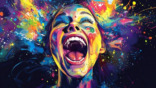 Digitally rendered face with radial multicolor paint dispersion