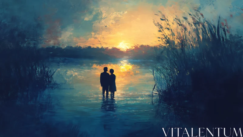 Two figures stand in water beneath architectural overhang at sunset