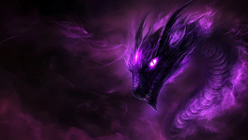 Purple spectral dragon head emerges from dark vapor field