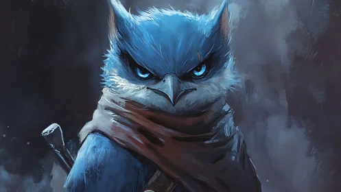 Warrior owl portrait in cinematic blue tonal digital painting.