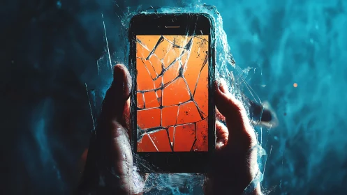 Broken smartphone encased in translucent ice against cyan bokeh.
