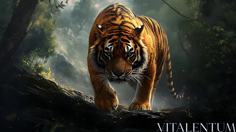 Majestic jungle tiger strolling through dappled forest light.