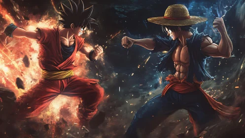 Explosive anime duel between fiery and oceanic fighters.