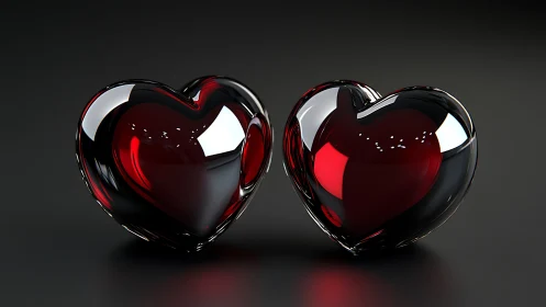 Twin Reflective Glass Hearts on Dark Surface