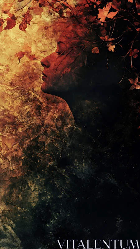 Textured profile portrait fused with autumn leaf canopy