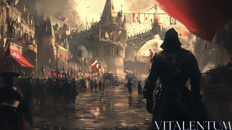 Hooded rogue surveys burning fantasy city under siege.