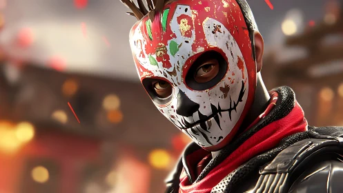 Masked urban vigilante in distressed skull faceplate portrait.