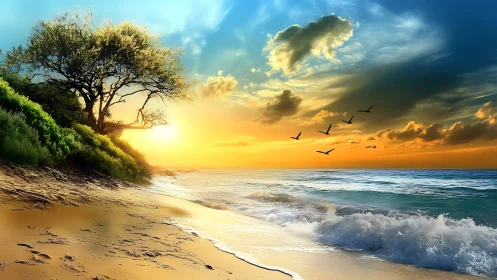 Golden sunset over vivid beach shoreline with waves.