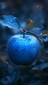 Blue apple with water droplets on branch in dark foliage.