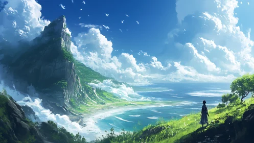 Digital landscape depicting solitary observer viewing sprawling coastal valley with vertical cliff f