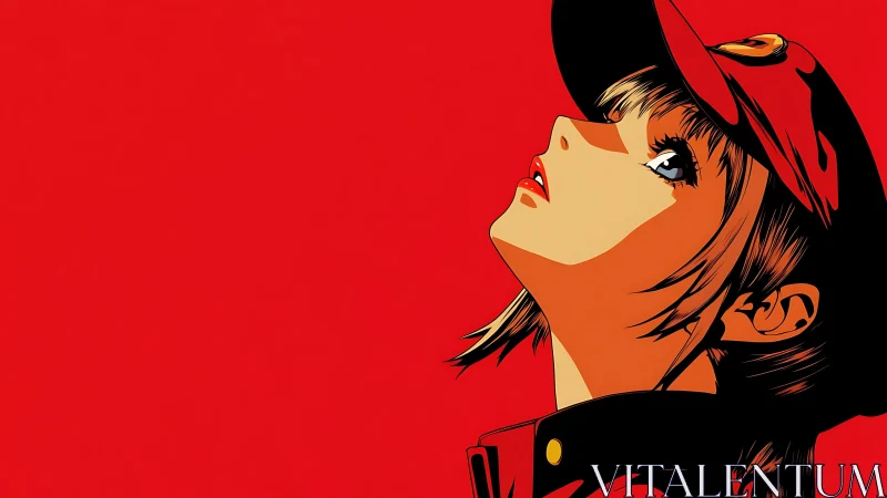 Profile view of stylized figure in red cap on red ground.