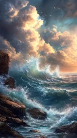 Storm-lit ocean waves crash against rugged sunset cliffs