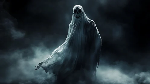 Gentle ghost draped in moonlit misty midnight mystery.
