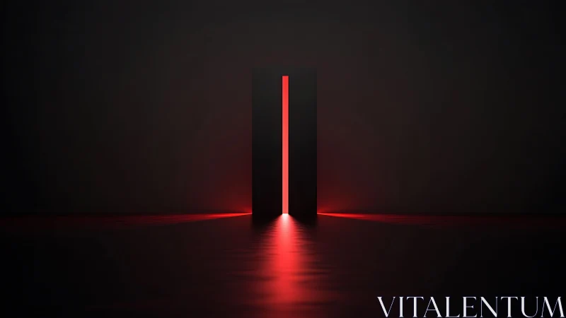Silent monolith doorway spilling neon red prophecy glow.