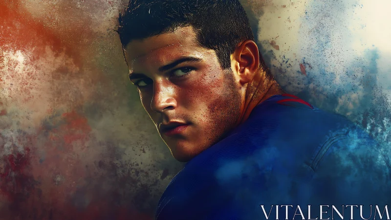 Intense male portrait merges athletic figure with color clouds