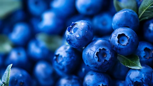 Macro closeup of ripe blueberries with dewy surface.