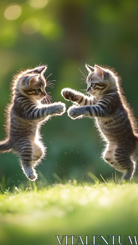 Two Tabby Kittens Playing and Boxing in Grass.