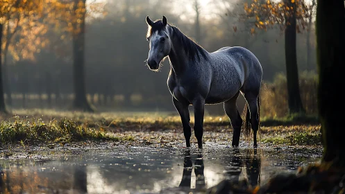 Grey horse in shallow woodland pond under soft autumn backlight