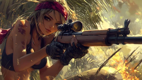 Armed Female Operative with Tactical Rifle in Illuminated Jungle.