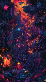 Midnight creatures wandering through a neon ember city.