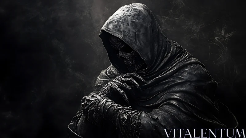 Hooded skeletal figure in tattered cloak on dark background.