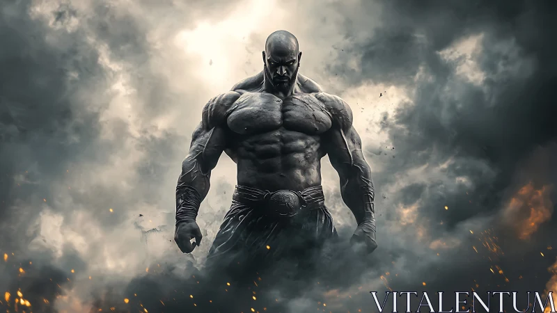 Stormforged colossus strides from ember-lit war clouds