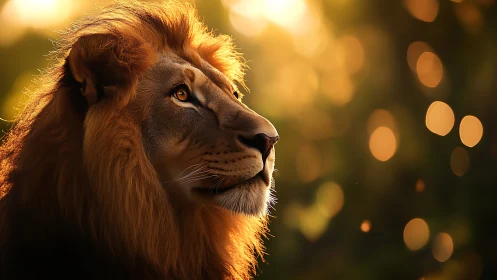 Male lion rendered in profile under defocused backlighting