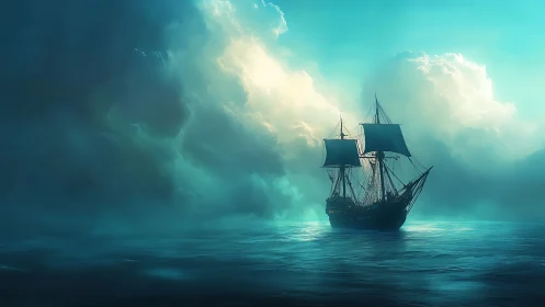 Gentle tall ship drifting toward sunlit ocean clouds.