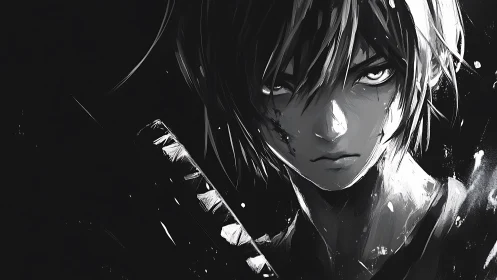 Sword wielding anime fighter stares forward in grayscale