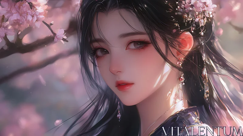 Elegant anime woman under soft pink cherry blossoms.