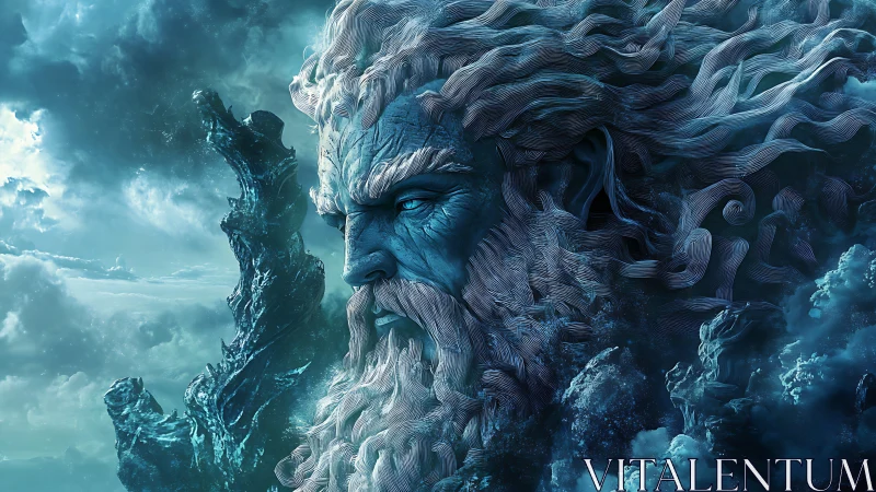 Mythic ocean titan portrait in storm-lit cyan atmospheric haze.