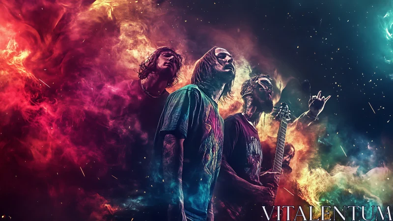 Rock musicians layered in vibrant cosmic nebula field.