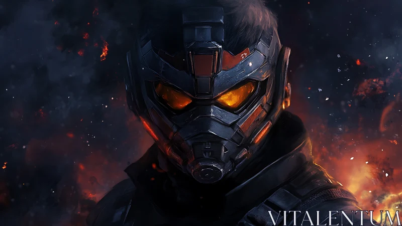 Fierce armored guardian with glowing ember eyes in firelit night.