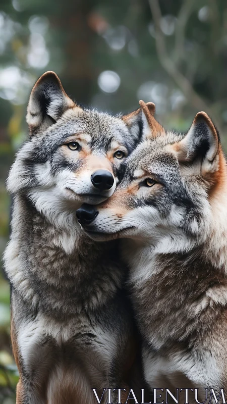 Tender wolf pair shares quiet affection in a misty forest