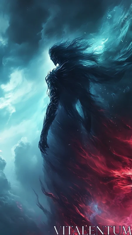 Dark humanoid silhouette stands amid contrasting energy clouds