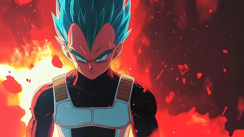 Blue haired anime warrior in armor before red energy field.