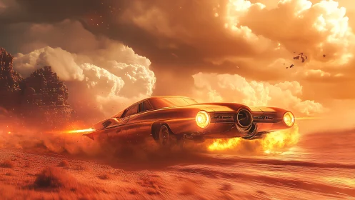 Retro rocket car blazes across a glowing desert sky