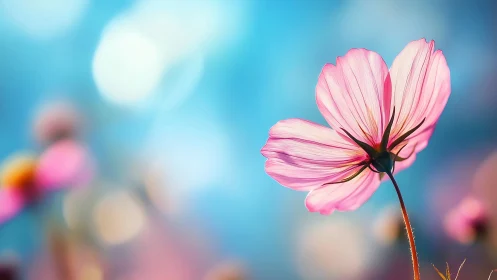Pink cosmos flower silhouetted against luminous blue sky