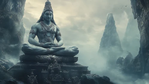 Serene blue Shiva statue in misty mountain valley landscape.