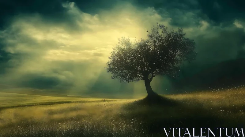 Solitary tree on windswept meadow under dramatic backlight