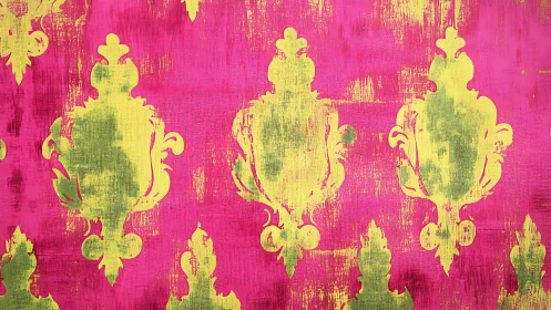 Bold pink and yellow damask pattern on textured canvas.