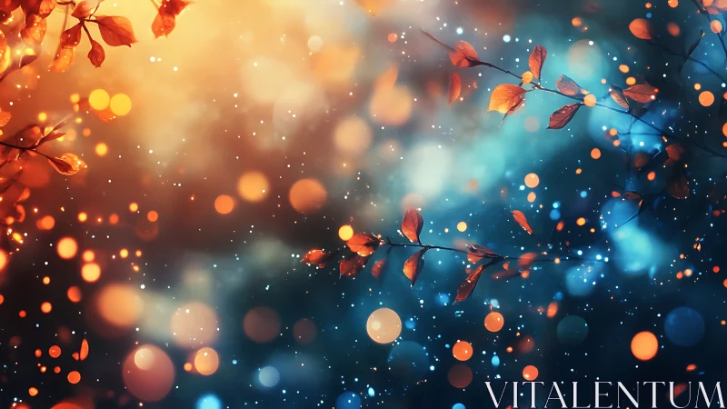 Bokeh-lit autumn branches against teal and amber twilight field.