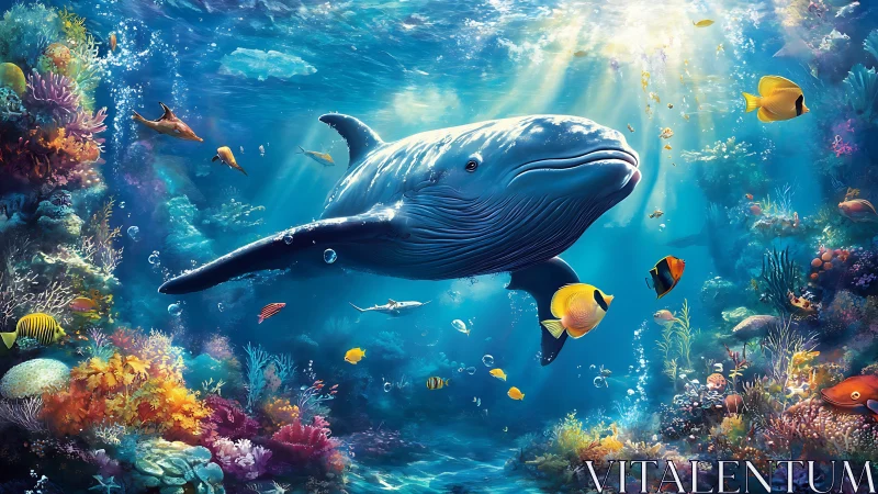 Digital illustration of whale amid coral reef and fish life.